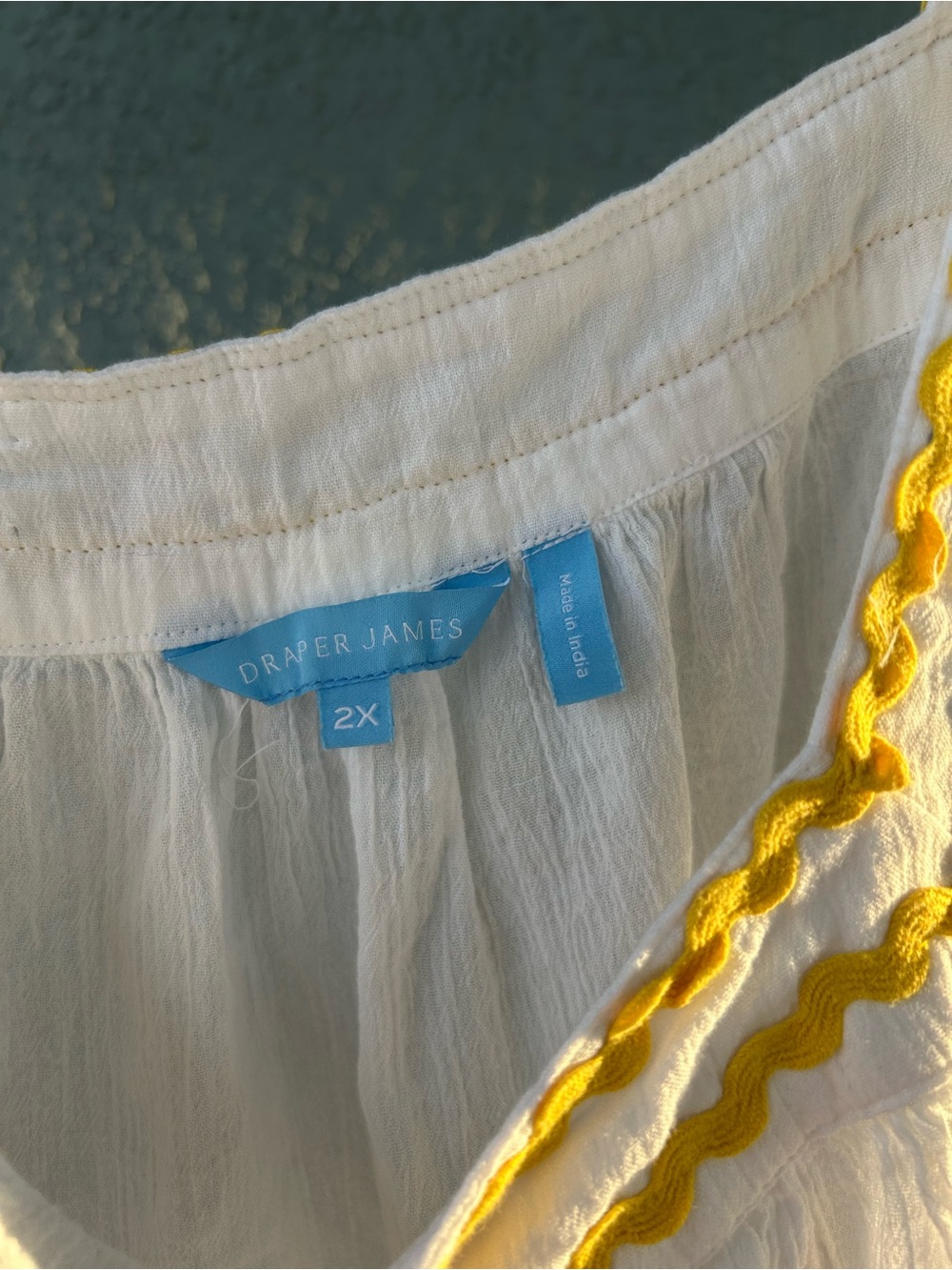 Draper James White Cotton Peasant Top Yellow Ric Rac Trim Square Neck Boho Sz 2X - Picture 3 of 4